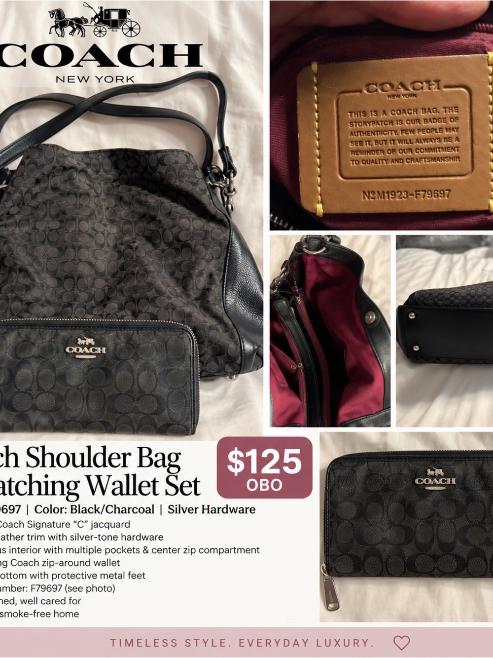 Coach Black/Charcoal Signature Shoulder Bag with Matching Wallet